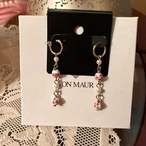 Red & White Beaded Drop Hoop Earrings